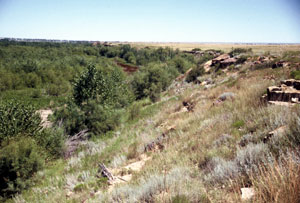 Pike’s party was forced from the river bottom up these bluffs. From this elevation a short distance from here, he first sighted what would become Pikes Peak.