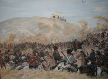 You can find this painting at the Pawnee Indian Village Museum near Republic, KS, operated by the Kansas State Historical Society. The painting, titled "Uncertain Welcome" by Darrell Combs, represents the Pawnees meeting Pike's command at the Pawnee village near Guide Rock, Nebraska.