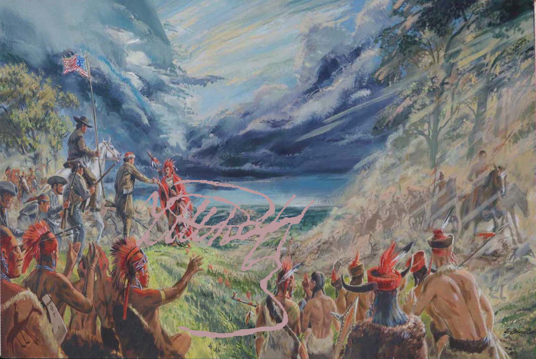 Painting by Ed French Depicting: Pawnee ceremonial charge and greetings to their guests.
