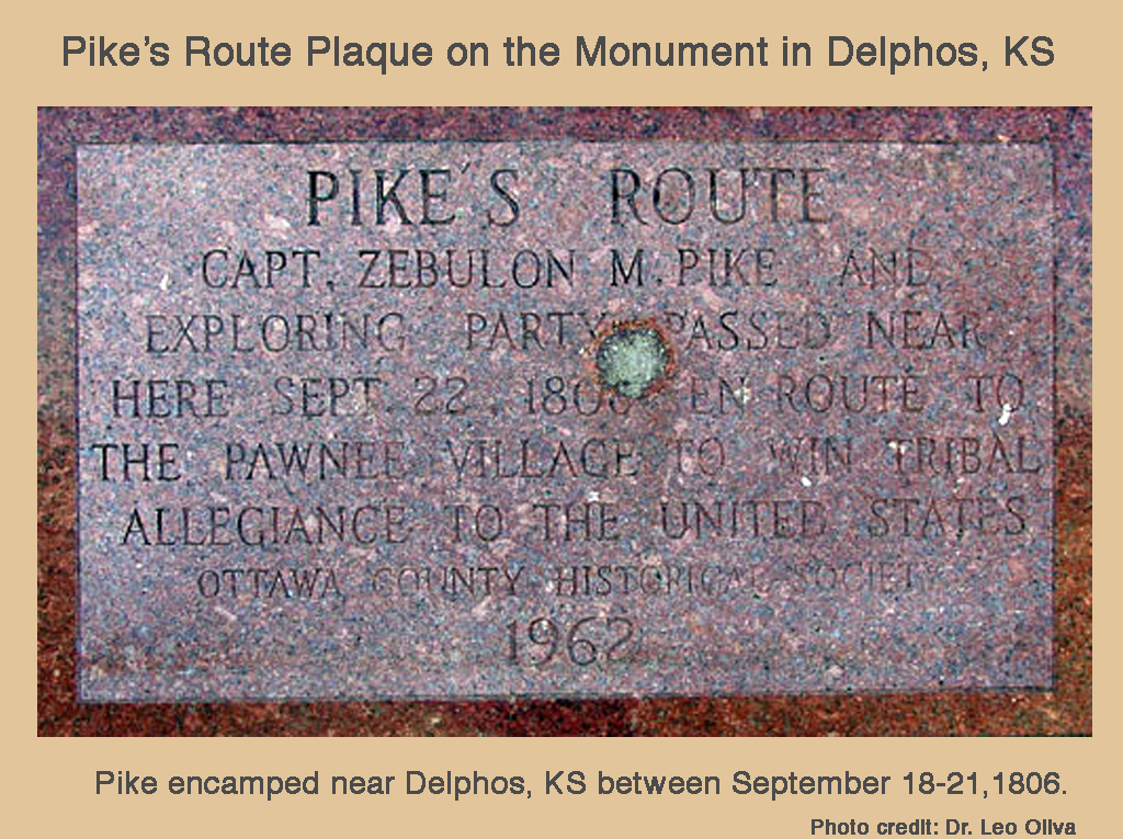 Pike’s Route Plaque on the Monument in Delphos, KS
